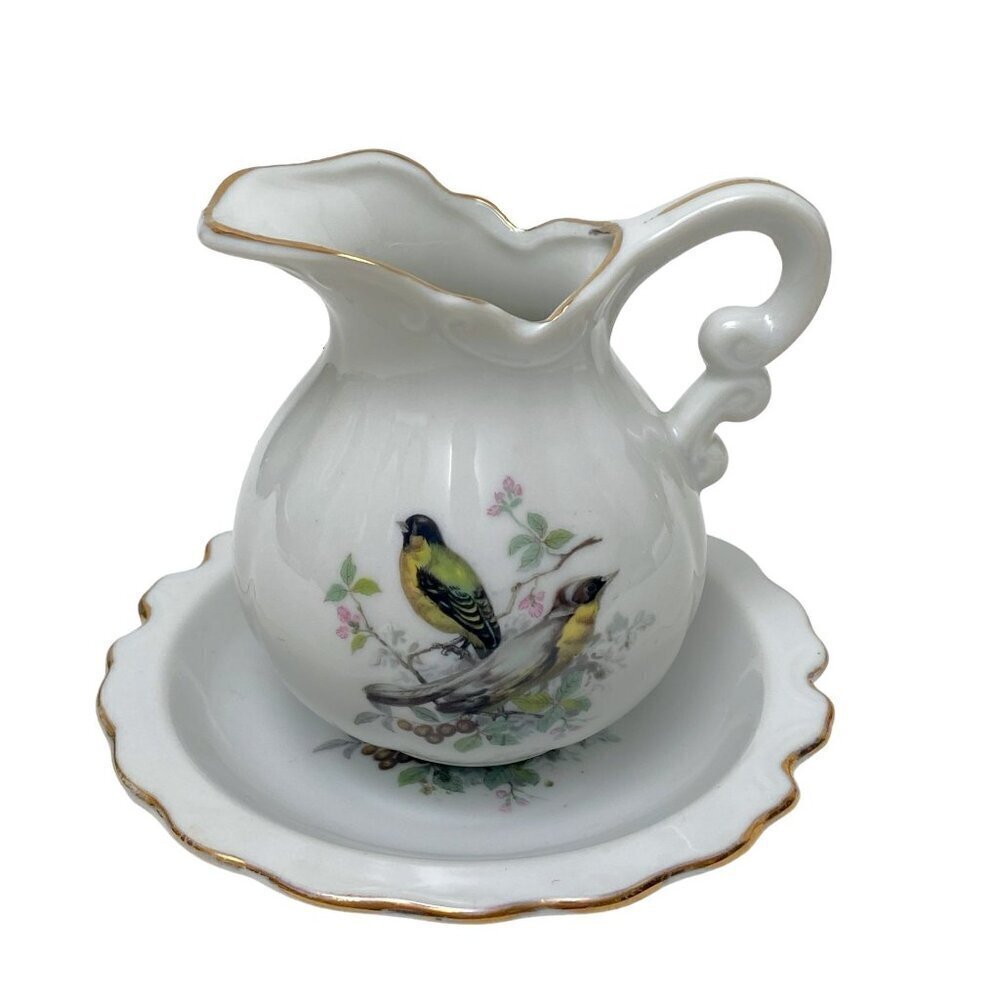 Vintage Creamer and Saucer Yellow Finch Birds Design Ceramic Set Mini Pitcher